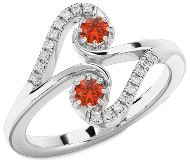 Diamond Fire Opal Silver Round Two Stone Ring