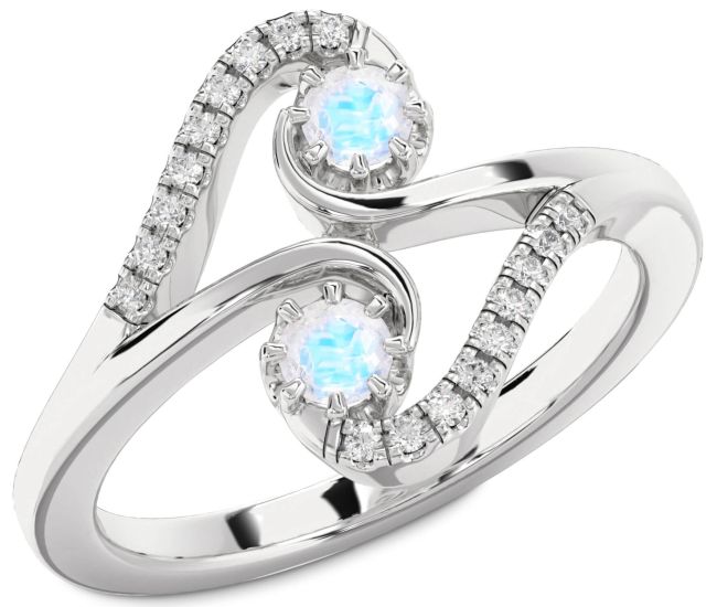 Diamond Moonstone Silver Round Two Stone Ring