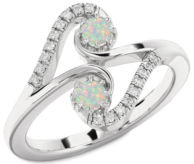Diamond Opal Silver Round Two Stone Birthstone Ring