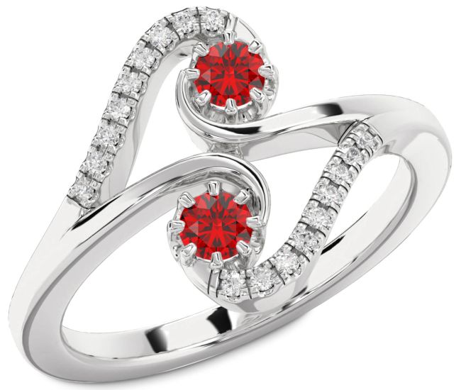 Diamond Ruby Silver Round Two Stone Birthstone Ring