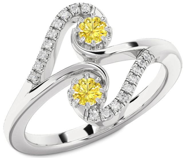 Yellow Diamond Platinum Round Two Stone Ring