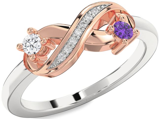 Diamond Silver & 10K Rose Gold Infinity Round Two Stone Promise Ring