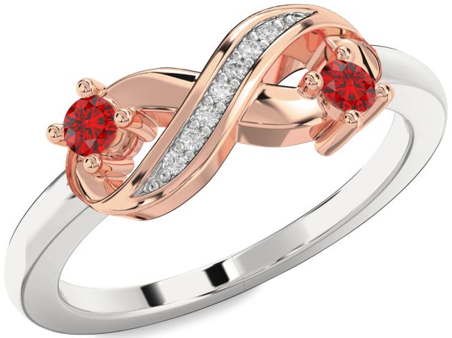 Diamond Ruby Rose Gold Silver Infinity Round Two Stone Birthstone Ring