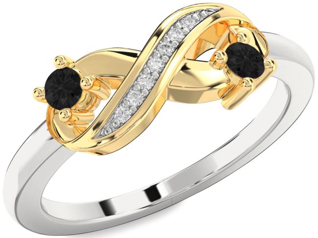 Black Diamond Gold Silver Infinity Round Two Stone Ring