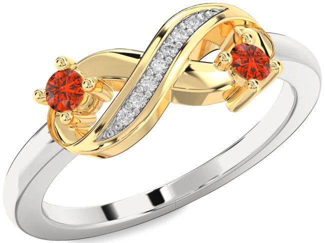 Diamond Fire Opal Gold Silver Infinity Round Two Stone Ring