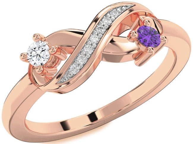 Diamond Rose Gold Silver Infinity Round Two Stone Promise Ring