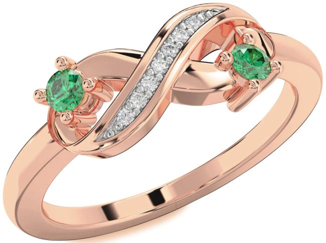 Diamond Emerald Rose Gold Infinity Round Two Stone Birthstone Ring