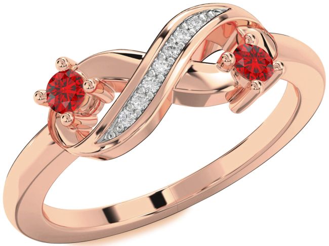 Diamond Ruby Rose Gold Infinity Round Two Stone Birthstone Ring