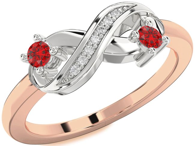 Diamond Ruby Rose Gold Silver Infinity Round Two Stone Birthstone Ring