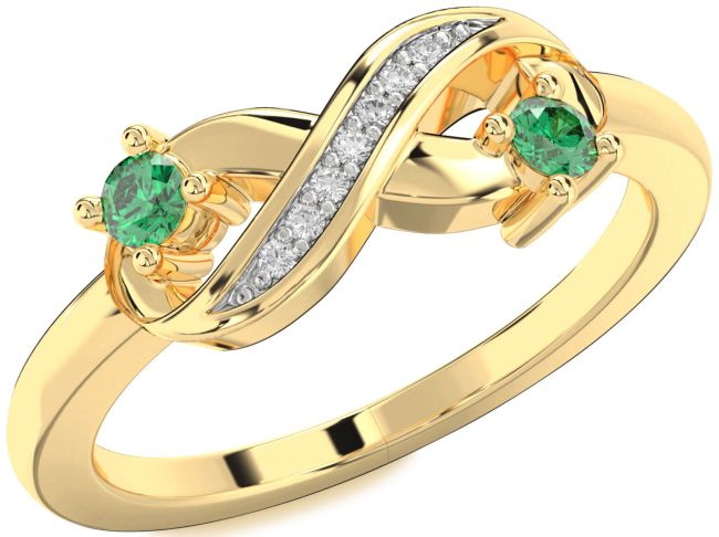 Diamond Emerald Gold Infinity Round Two Stone Birthstone Ring