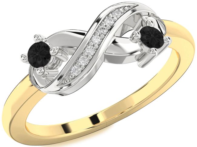 Black Diamond Gold Silver Infinity Round Two Stone Ring
