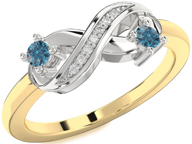 Blue Diamond Gold Silver Infinity Round Two Stone Ring