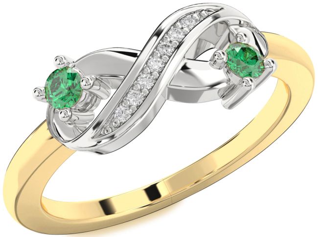 Diamond Emerald Gold Silver Infinity Round Two Stone Birthstone Ring