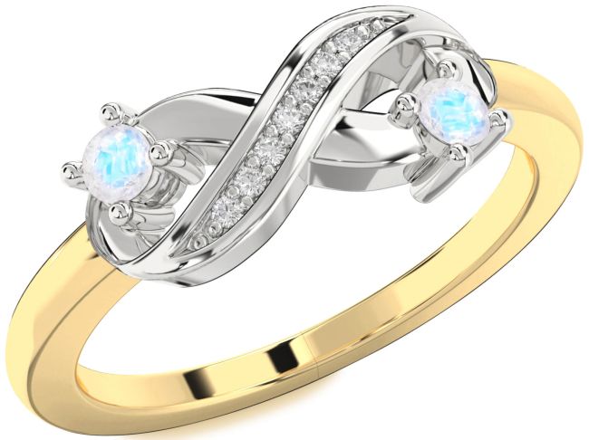 Diamond Moonstone Gold Silver Infinity Round Two Stone Ring