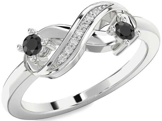 Diamond Black Onyx Silver Infinity Round Two Stone Ring