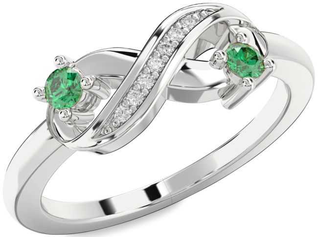 Diamond Emerald Silver Infinity Round Two Stone Birthstone Ring