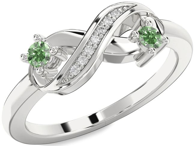 Green Diamond Silver Infinity Round Two Stone Ring