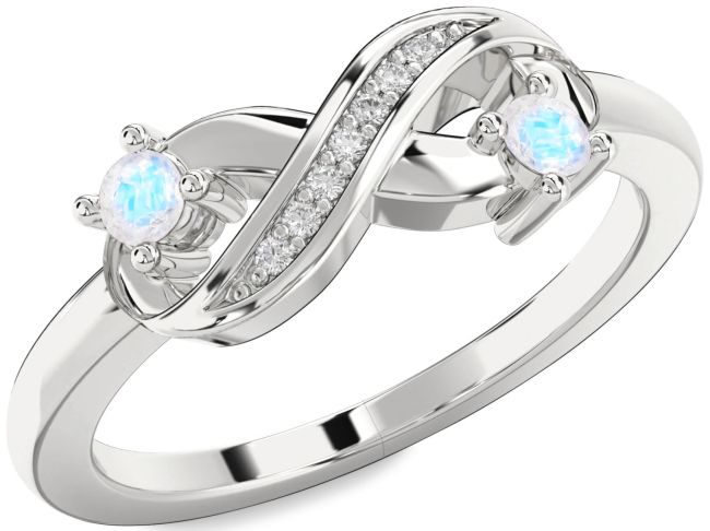 Diamond Moonstone Silver Infinity Round Two Stone Ring
