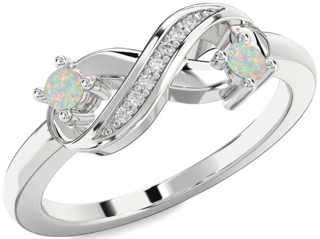 Diamond Opal Silver Infinity Round Two Stone Birthstone Ring
