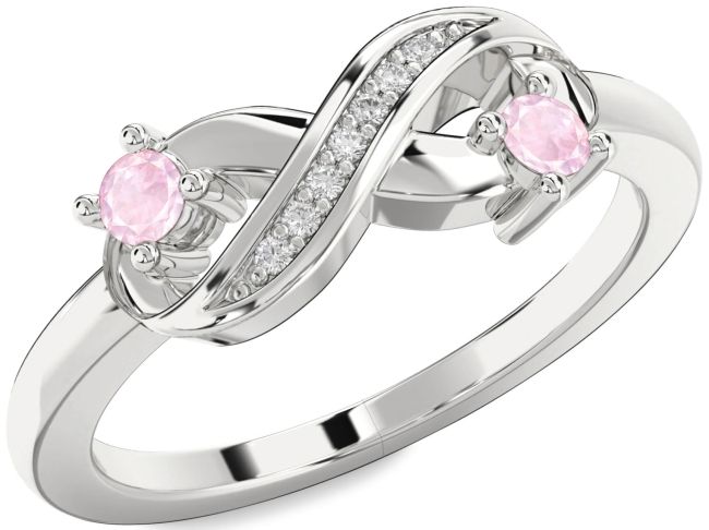 Diamond Rose Quartz Silver Infinity Round Two Stone Ring