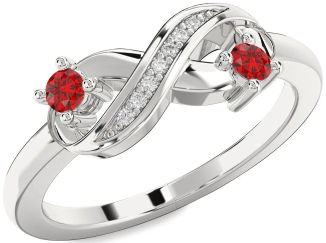 Diamond Ruby Silver Infinity Round Two Stone Birthstone Ring