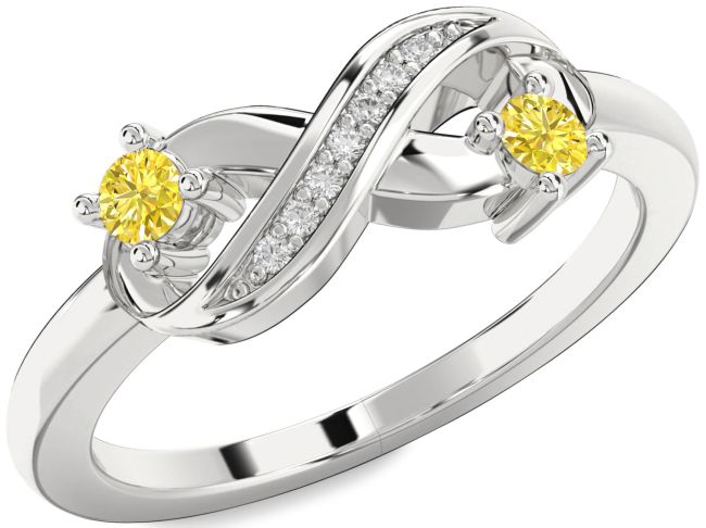 Yellow Diamond Silver Infinity Round Two Stone Ring