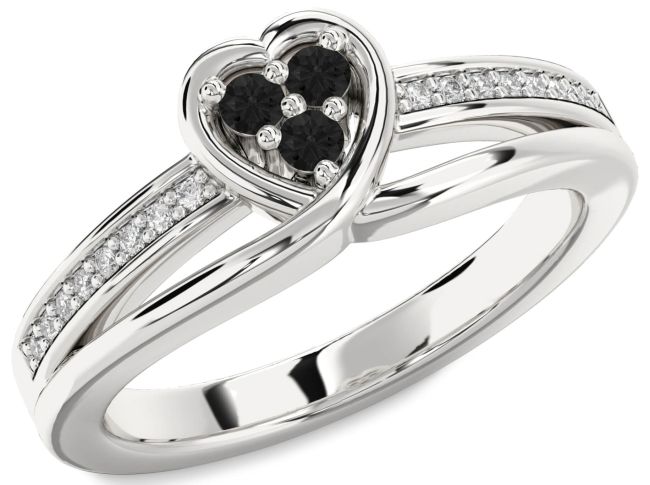 Black Diamond Silver Heart Three Stone Ring