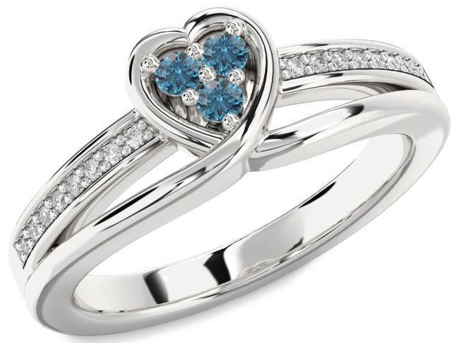 Blue Diamond Silver Heart Three Stone Ring