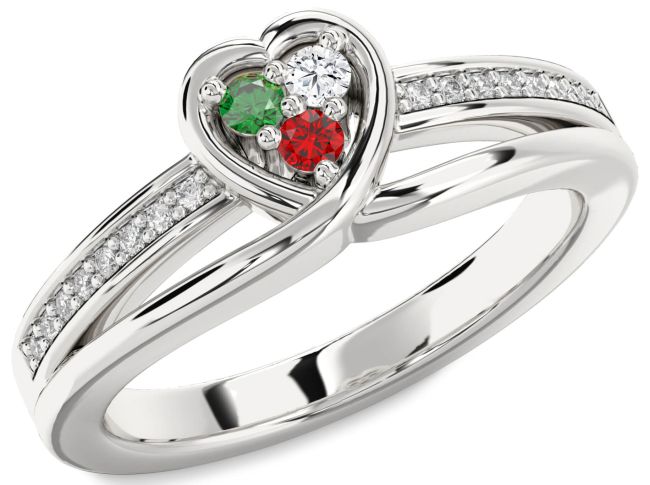 Diamond Silver Heart Three Stone Mother's Ring