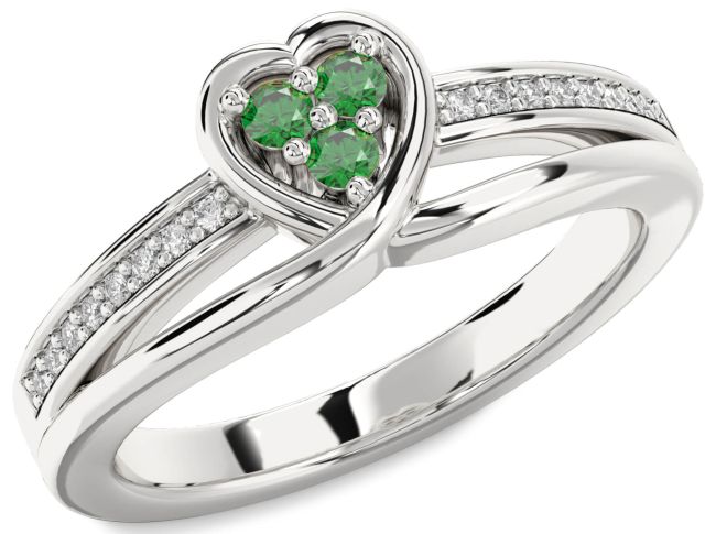 Diamond Emerald Silver Heart Three Stone Birthstone Ring