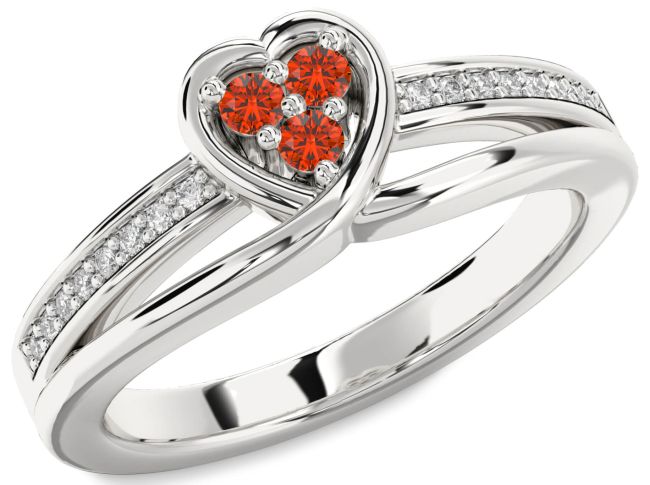 Diamond Fire Opal Silver Heart Three Stone Ring