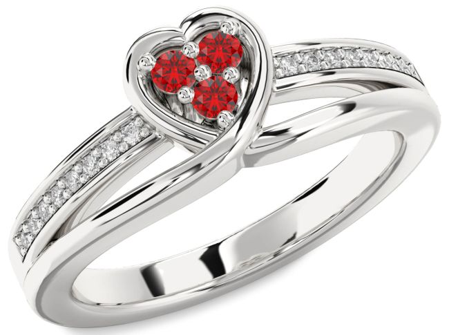 Diamond Ruby Silver Heart Three Stone Birthstone Ring