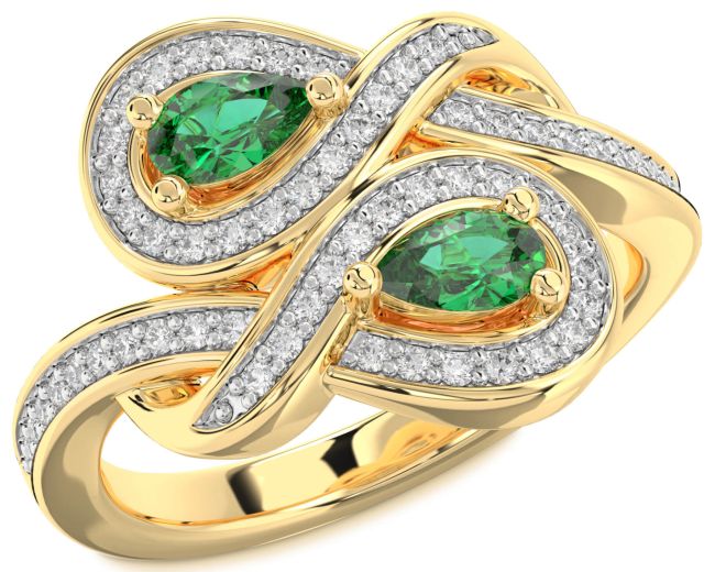 Diamond Emerald Gold Infinity Pear Two Stone Birthstone Ring