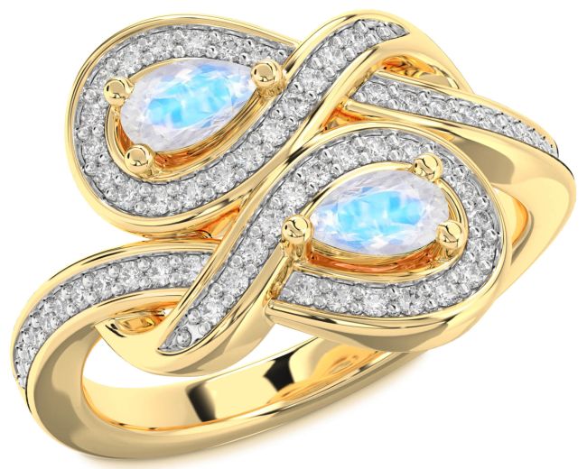 Diamond Moonstone Gold Silver Infinity Pear Two Stone Ring