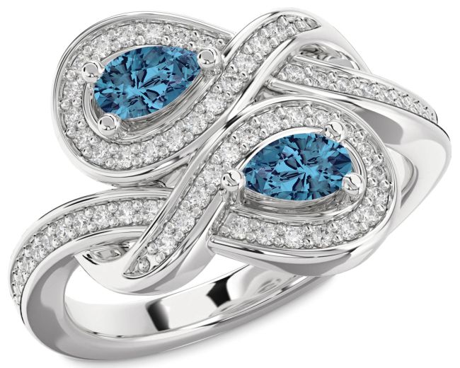 Blue Diamond Silver Infinity Pear Two Stone Ring