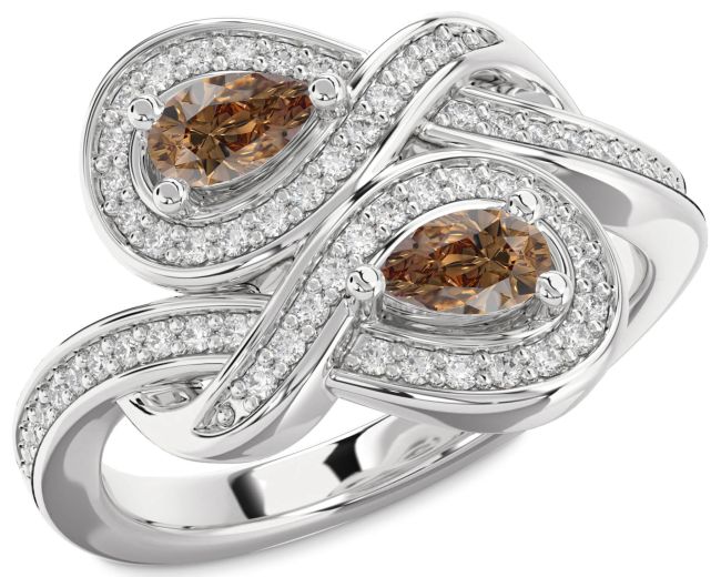 Chocolate Brown Diamond Silver Infinity Pear Two Stone Ring