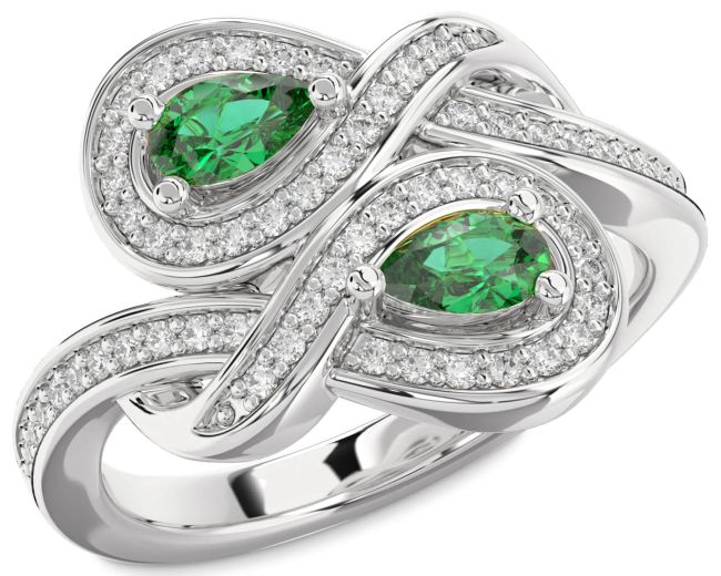 Diamond Emerald Silver Infinity Pear Two Stone Birthstone Ring