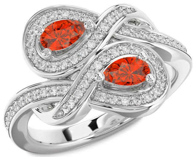 Diamond Fire Opal Silver Infinity Pear Two Stone Ring