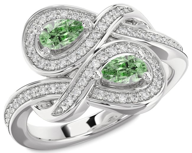 Green Diamond Silver Infinity Pear Two Stone Ring