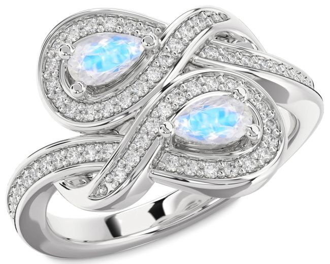 Diamond Moonstone Silver Infinity Pear Two Stone Ring