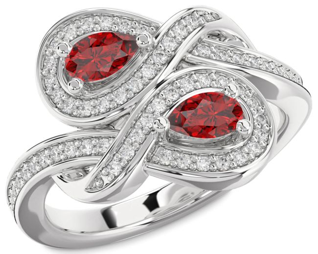 Diamond Ruby Silver Infinity Pear Two Stone Birthstone Ring