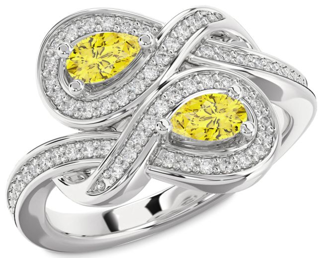 Yellow Diamond Silver Infinity Pear Two Stone Ring