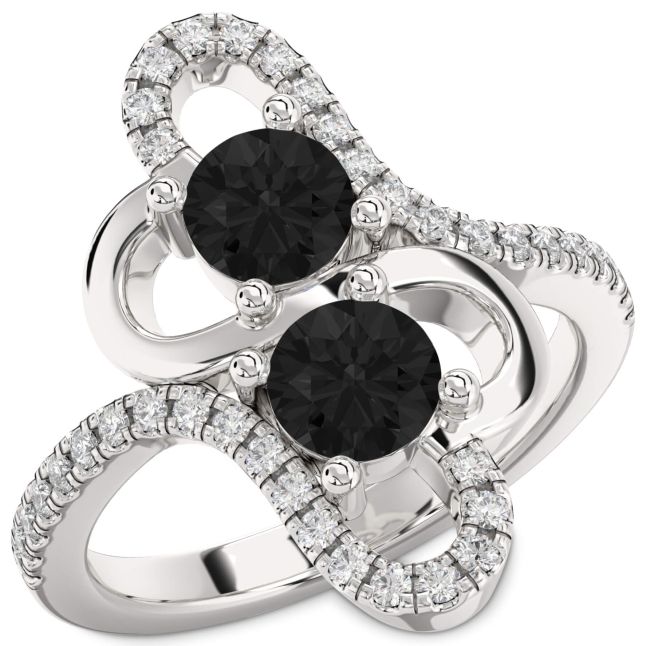 Black Diamond Silver Heart Two Stone Ring