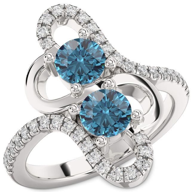 Blue Diamond Silver Heart Two Stone Ring