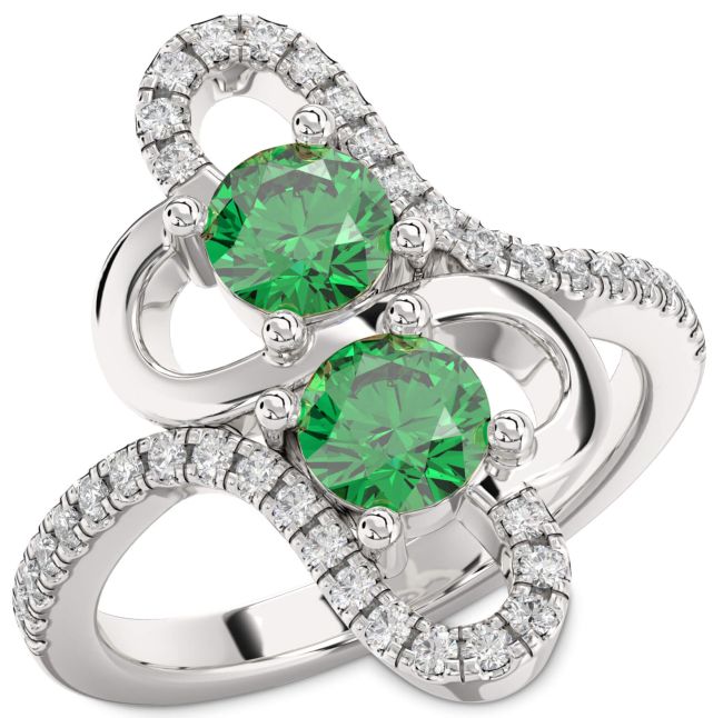 Diamond Emerald Silver Heart Two Stone Birthstone Ring