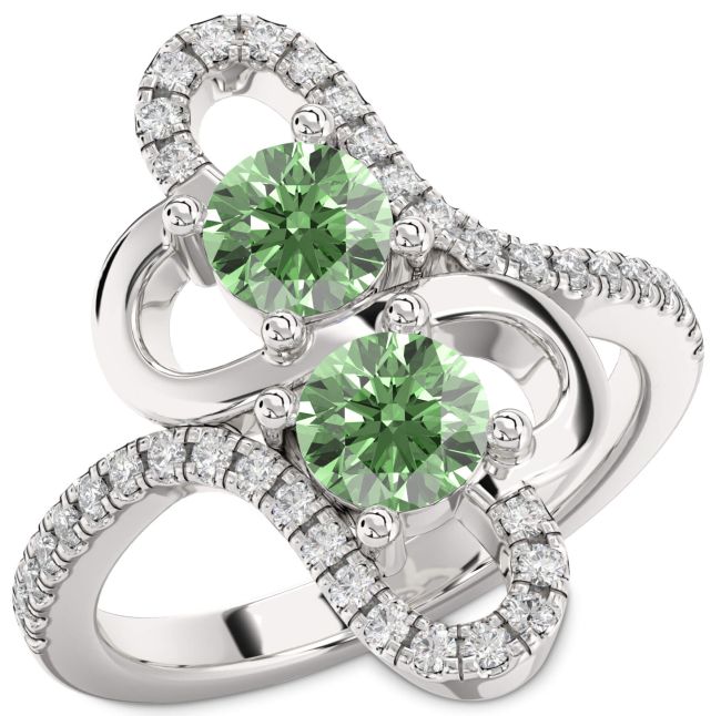 Green Diamond Silver Heart Two Stone Ring