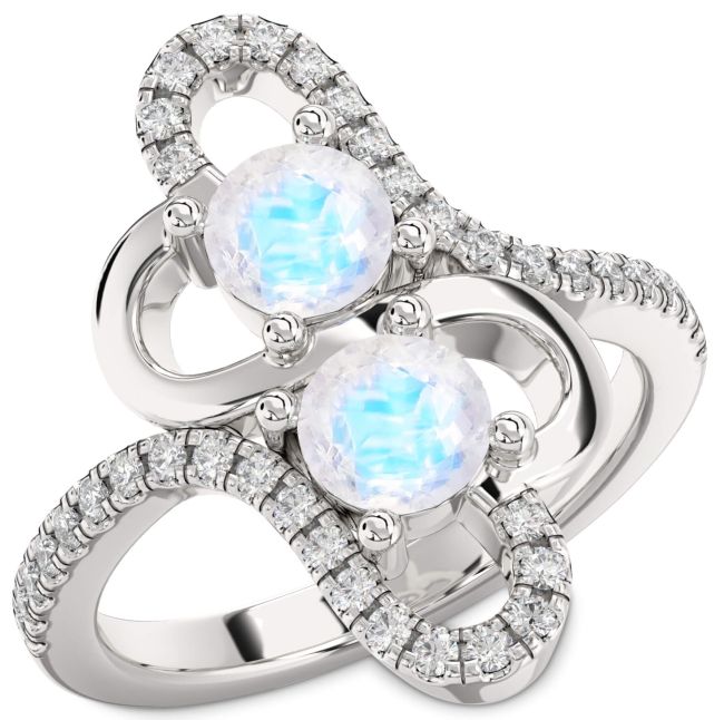 Diamond Moonstone Silver Heart Two Stone Ring