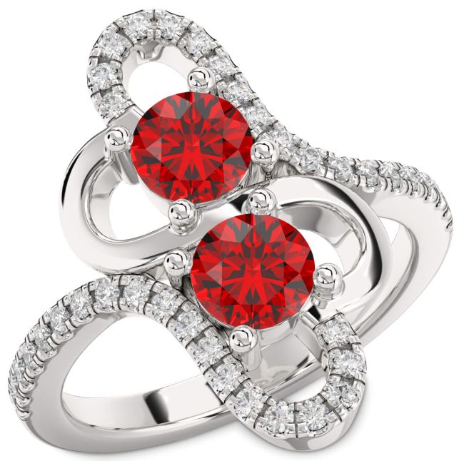 Diamond Ruby Silver Heart Two Stone Birthstone Ring