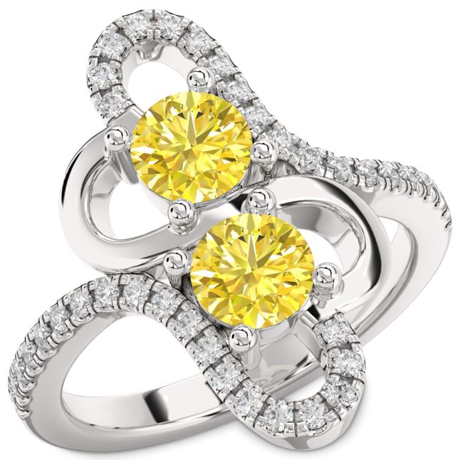 Yellow Diamond Silver Heart Two Stone Ring