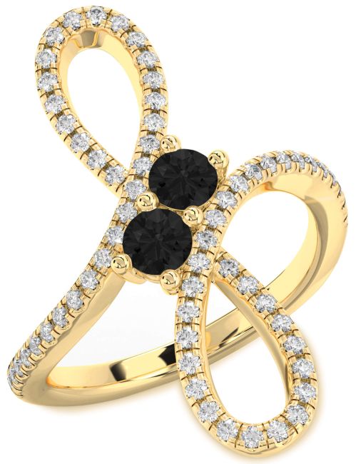 Black Diamond Gold Silver Infinity Round Two Stone Ring